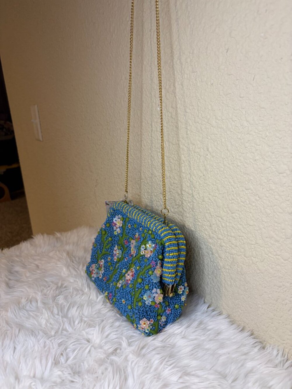 Made in India Blue Floral Beaded Crossbody Bag Sequin Purse NWT - Picture 4 of 8